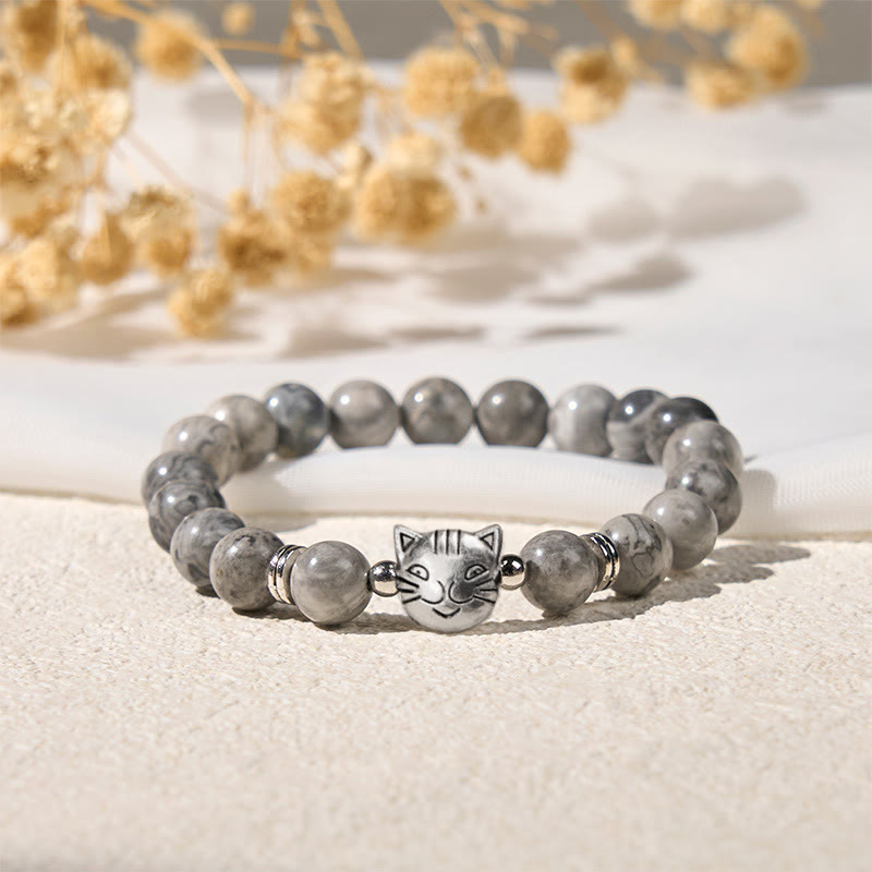 Bracelet de guérison en perles de jaspe gris naturel avec motif chat mignon et Buddha Stones - image 1