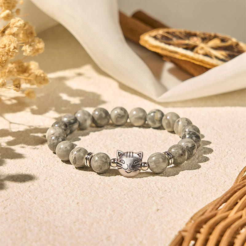 Bracelet de guérison en perles de jaspe gris naturel avec motif chat mignon et Buddha Stones - image 2