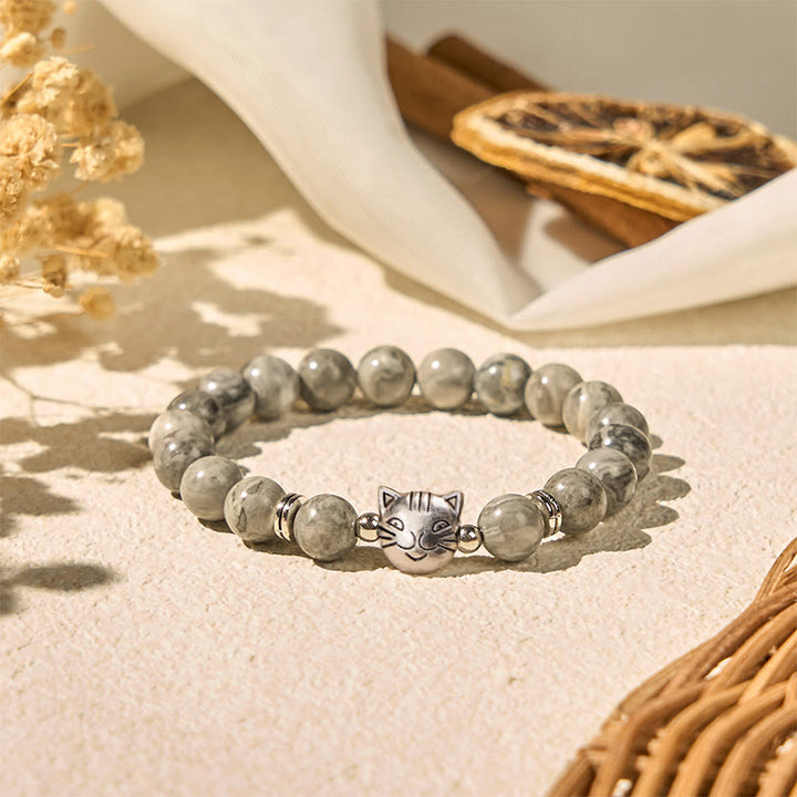 Bracelet de guérison en perles de jaspe gris naturel avec motif chat mignon et Buddha Stones - image 2