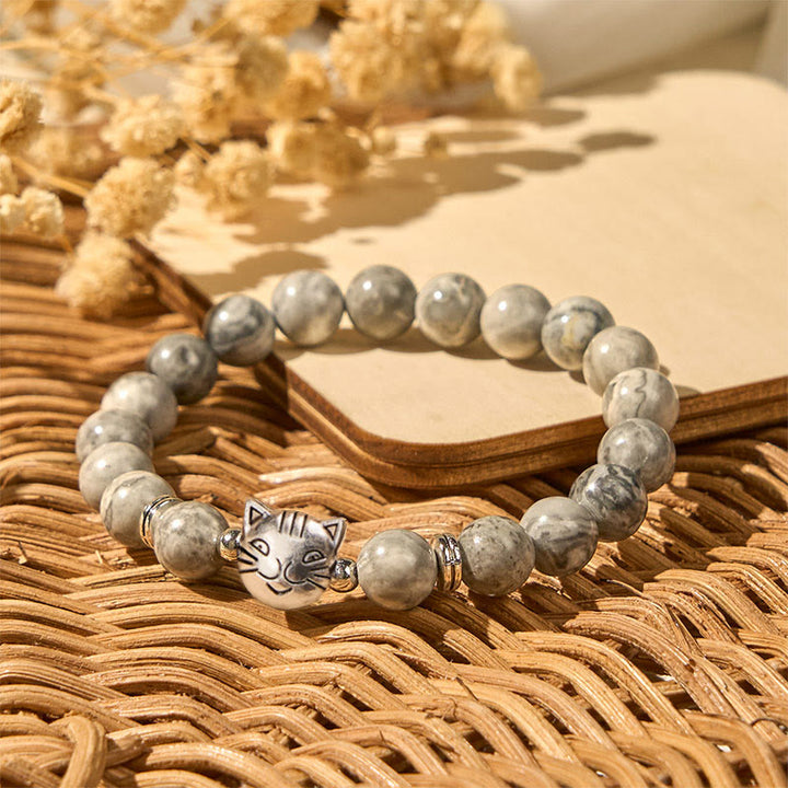 Bracelet de guérison en perles de jaspe gris naturel avec motif chat mignon et Buddha Stones - image 3