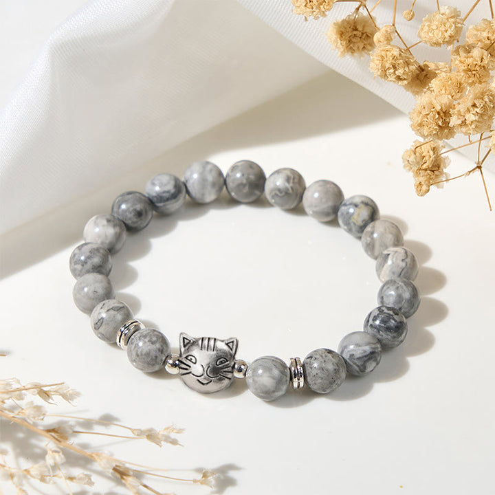 Bracelet de guérison en perles de jaspe gris naturel avec motif chat mignon et Buddha Stones - Jaspe gris (tour de poignet : 16-19 cm) - image 0