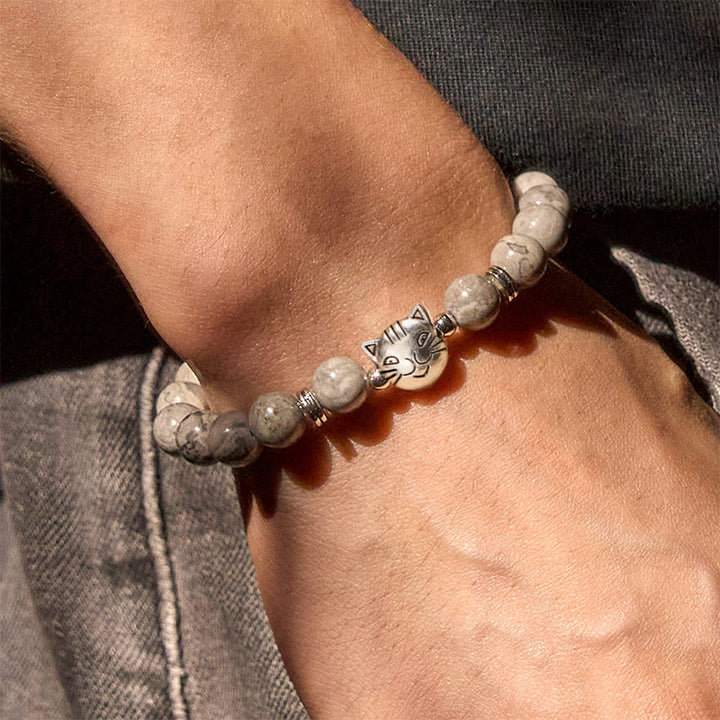 Bracelet de guérison en perles de jaspe gris naturel avec motif chat mignon et Buddha Stones - image 6
