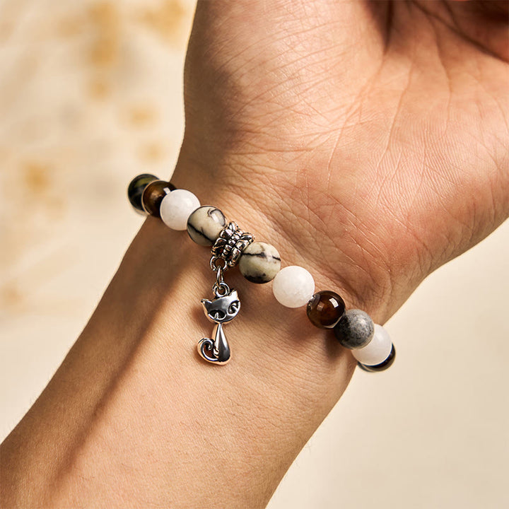 Bracelet de force en Buddha Stones, chat tricolore, jaspe veiné noir, agate rayée marron, calcédoine - image 4