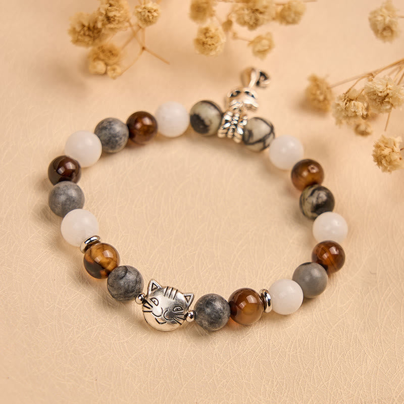 Bracelet de force en Buddha Stones, chat tricolore, jaspe veiné noir, agate rayée marron, calcédoine - image 1
