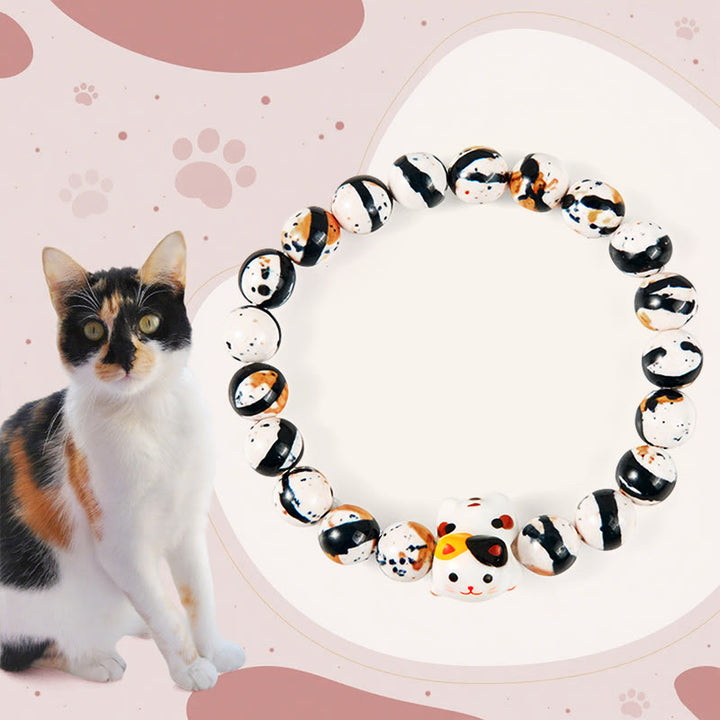 Bracelet de force en pierre naturelle et céramique avec tête de chaton en forme de Buddha Stones Calico - Chat Calico (tour de poignet 15-16 cm) - image 0