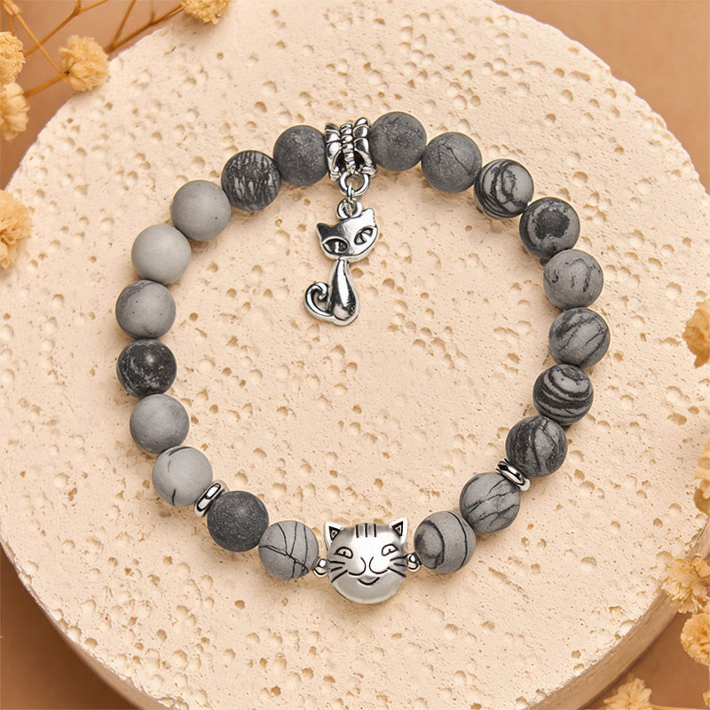 Bracelet de force en jaspe veiné noir naturel avec chat tigré gris Buddha Stones - image 1