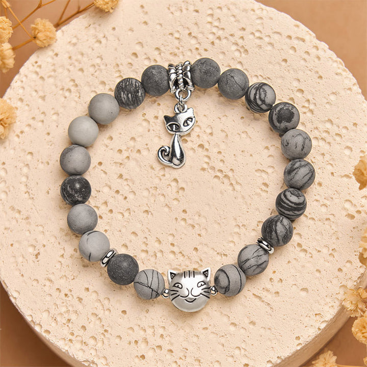 Bracelet de force en jaspe veiné noir naturel avec chat tigré gris Buddha Stones - image 1