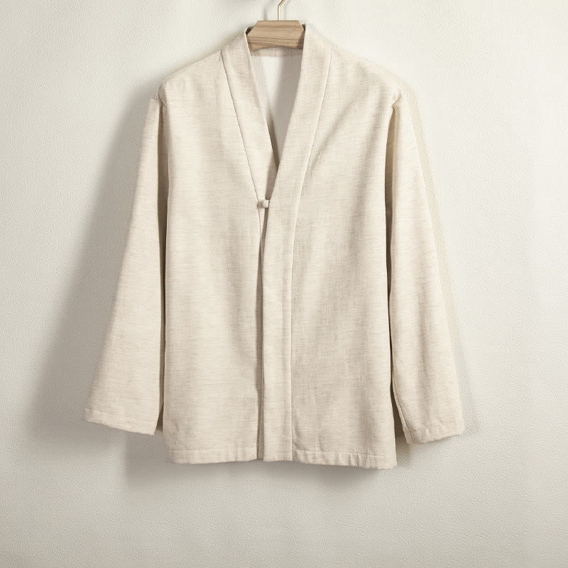 Buddha Stones en coton et lin à manches longues et boutons grenouille pour homme, doublure polaire, style kimono - Beige - US/UK/AU44,EU54 (4XL) - image 8