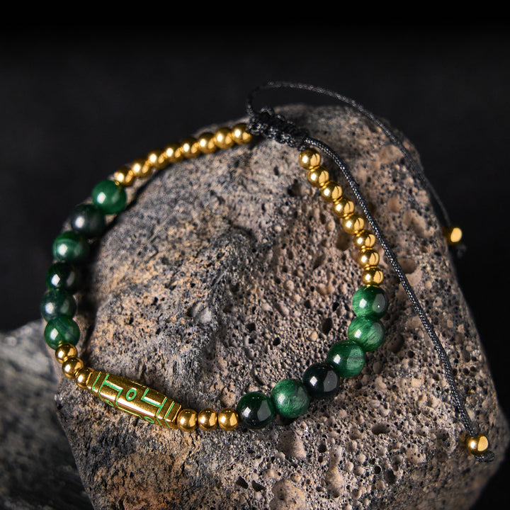Bracelet de perles courageuses en œil de tigre avec joli motif osseux et Buddha Stones - Œil de tigre vert et acier titane (circonférence du poignet : 15-21 cm) - image 10