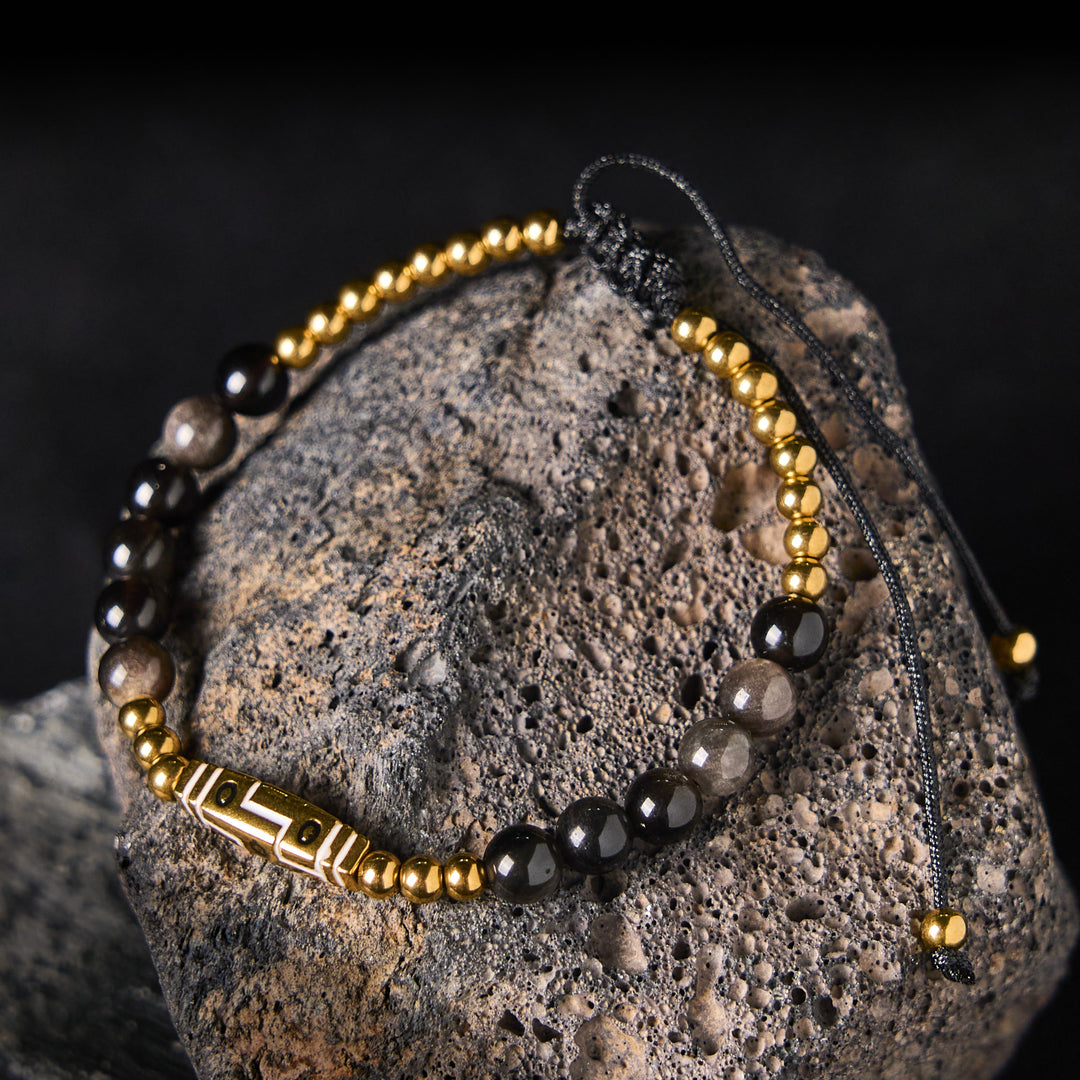 Bracelet de perles courageuses en œil de tigre avec joli motif osseux et Buddha Stones - Obsidienne argentée et acier titane (tour de poignet : 15-21 cm) - image 6