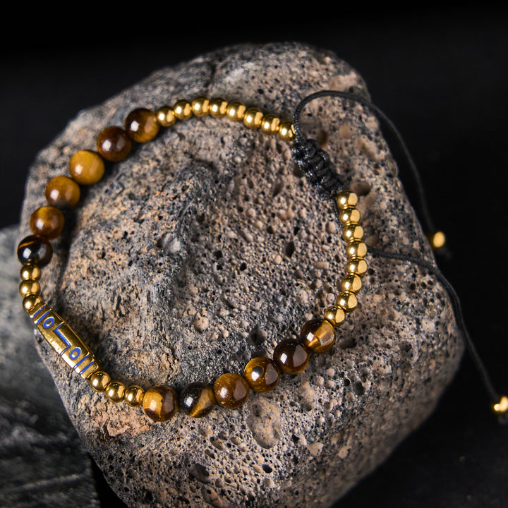 Bracelet de perles courageuses en œil de tigre avec joli motif osseux et Buddha Stones - Œil de tigre jaune et acier titane (circonférence du poignet : 15-21 cm) - image 1