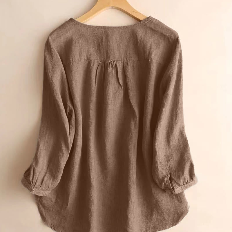 Chemise décontractée à manches trois-quarts et col rond ajouré pour femme avec Buddha Stones - image 2