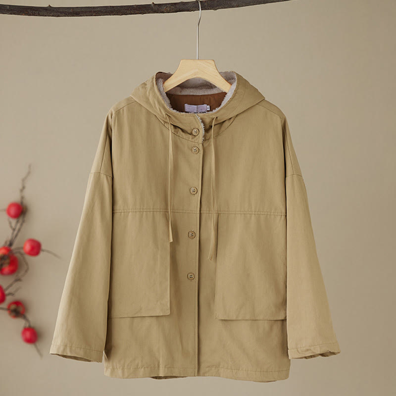 Veste à capuche à manches longues pour femme Buddha Stones, doublure polaire thermique en coton avec poches - image 1