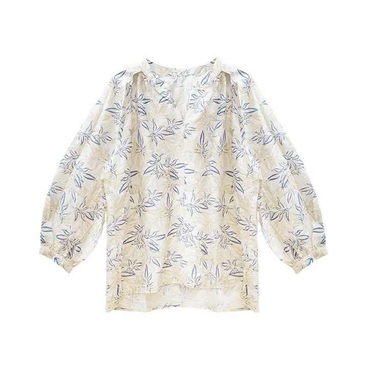 Chemise à manches longues pour femme, motif Buddha Stones, bleu beige et fleurs crantées, pour personnes âgées - image 5