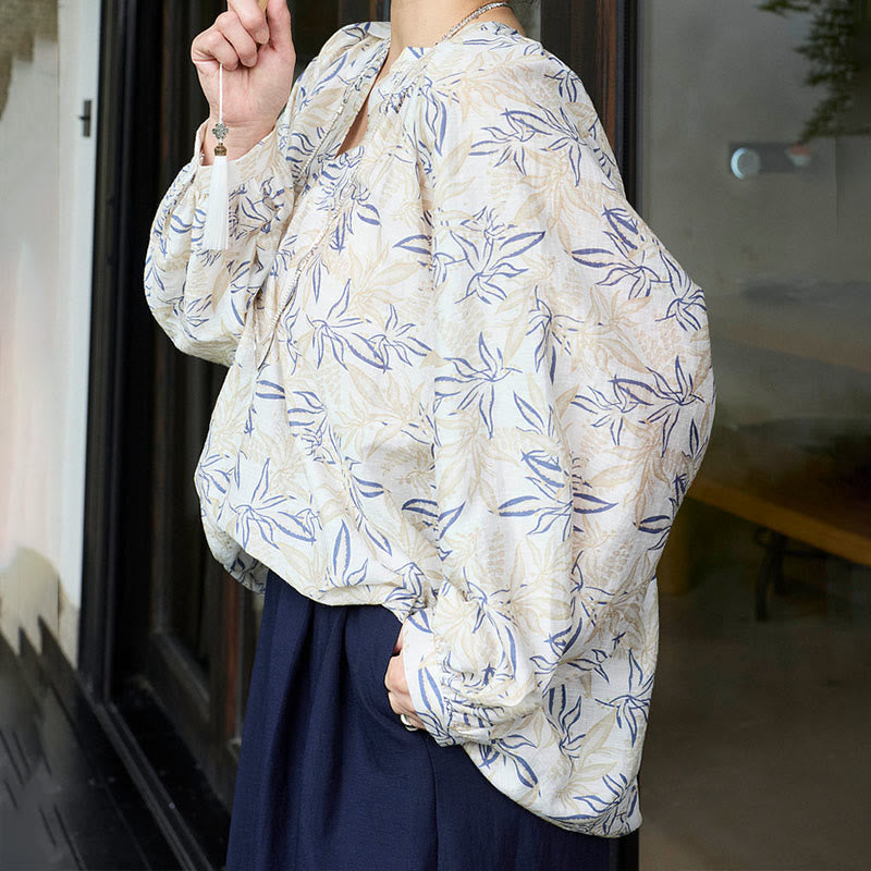 Chemise à manches longues pour femme, motif Buddha Stones, bleu beige et fleurs crantées, pour personnes âgées - image 17