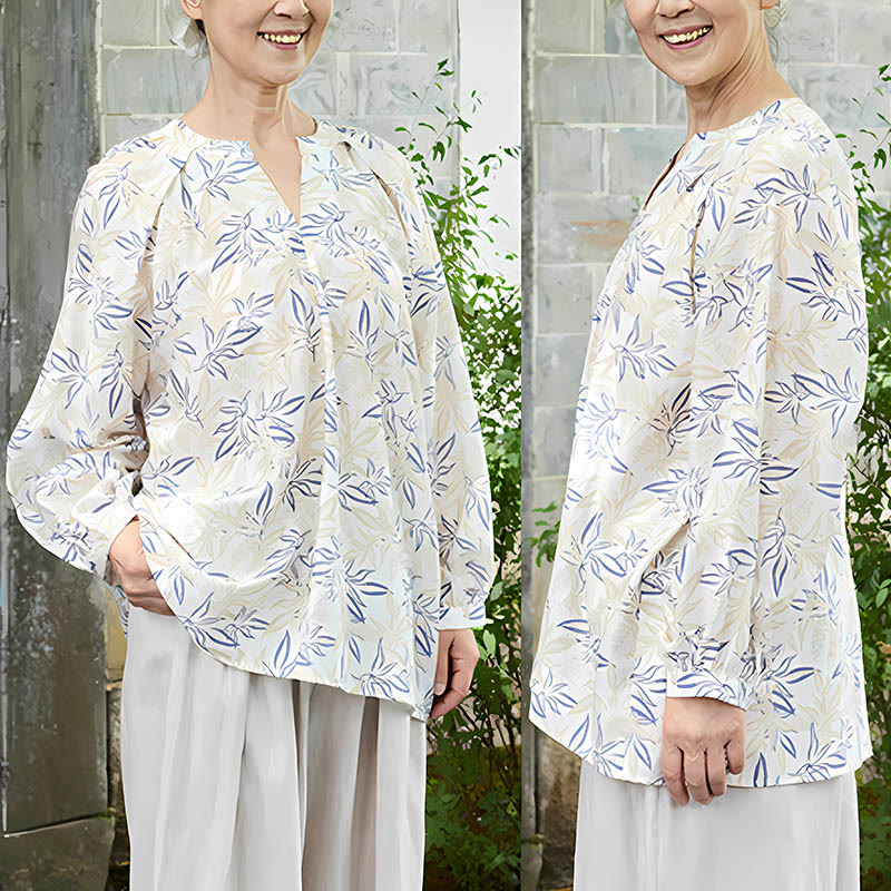 Chemise à manches longues pour femme, motif Buddha Stones, bleu beige et fleurs crantées, pour personnes âgées - image 9