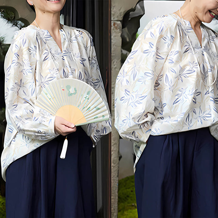 Chemise à manches longues pour femme, motif Buddha Stones, bleu beige et fleurs crantées, pour personnes âgées - image 22