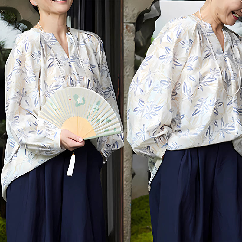 Chemise à manches longues pour femme, motif Buddha Stones, bleu beige et fleurs crantées, pour personnes âgées - image 22