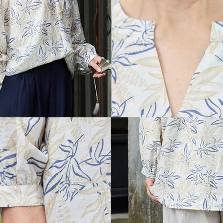 Chemise à manches longues pour femme, motif Buddha Stones, bleu beige et fleurs crantées, pour personnes âgées - image 12