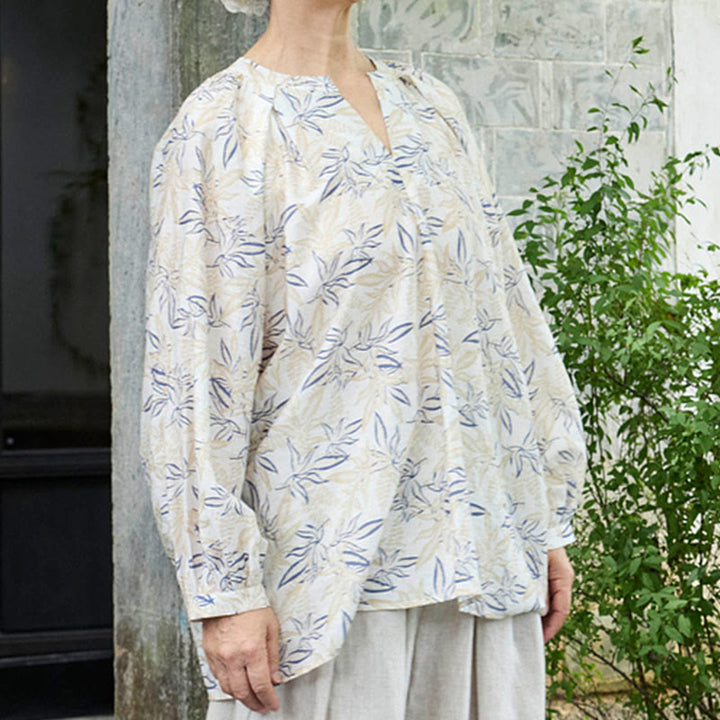 Chemise à manches longues pour femme, motif Buddha Stones, bleu beige et fleurs crantées, pour personnes âgées - image 3