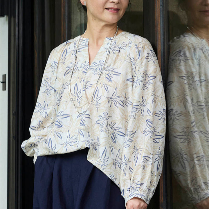 Chemise à manches longues pour femme, motif Buddha Stones, bleu beige et fleurs crantées, pour personnes âgées - image 21