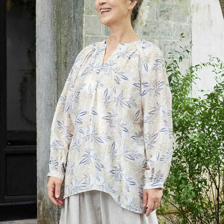 Chemise à manches longues pour femme, motif Buddha Stones, bleu beige et fleurs crantées, pour personnes âgées - image 4