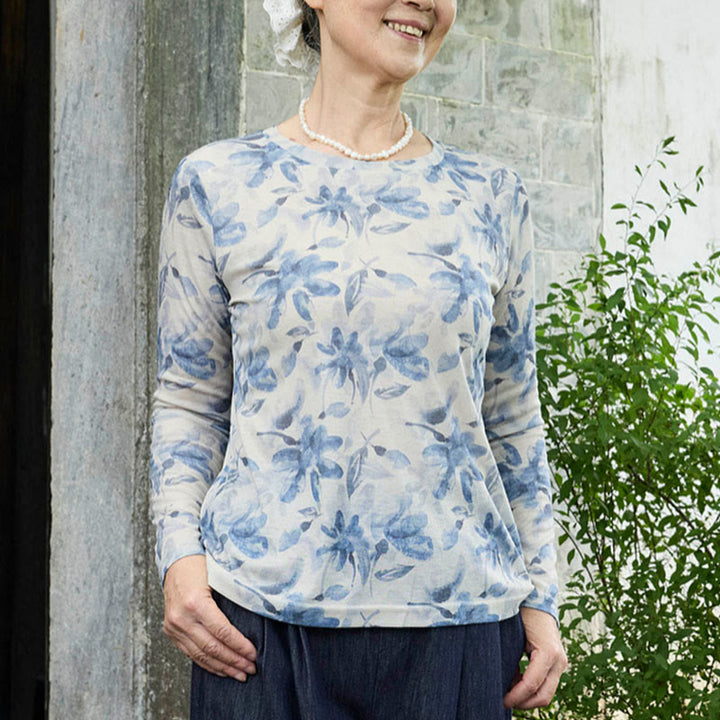 T-shirt à manches longues pour femme, motif Buddha Stones Fall, motif floral bleu, pour personnes âgées - image 1