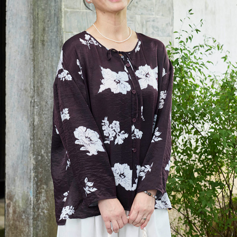 Chemise à manches longues et lacets pour femme, motif floral noir, motif Buddha Stones, pour personnes âgées - image 1