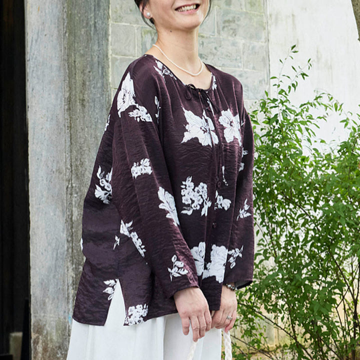 Chemise à manches longues et lacets pour femme, motif floral noir, motif Buddha Stones, pour personnes âgées - image 4