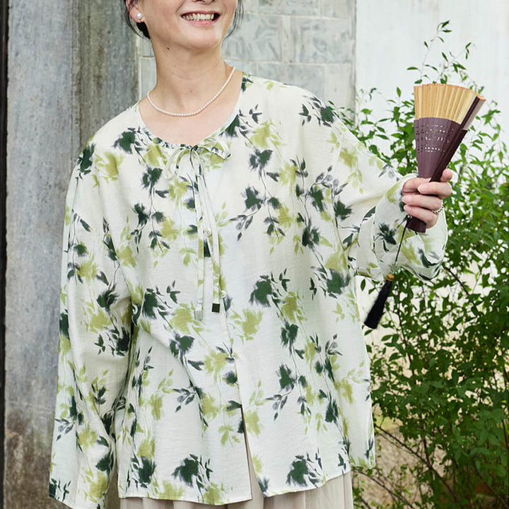 Chemise à manches longues pour femme, motif Buddha Stones, feuilles florales vertes, lacets et boutons, pour personnes âgées - image 2