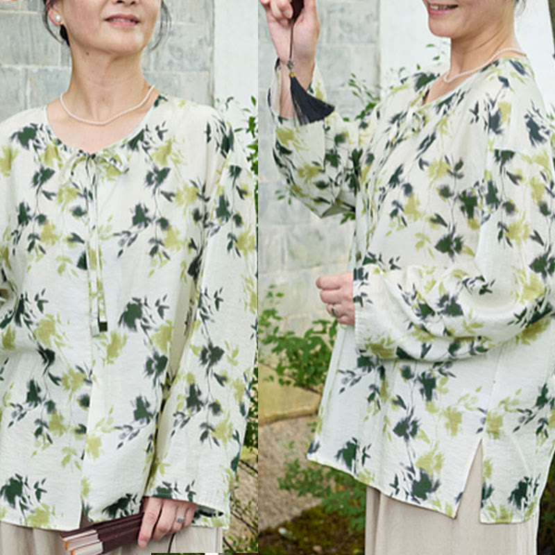 Chemise à manches longues pour femme, motif Buddha Stones, feuilles florales vertes, lacets et boutons, pour personnes âgées - image 12