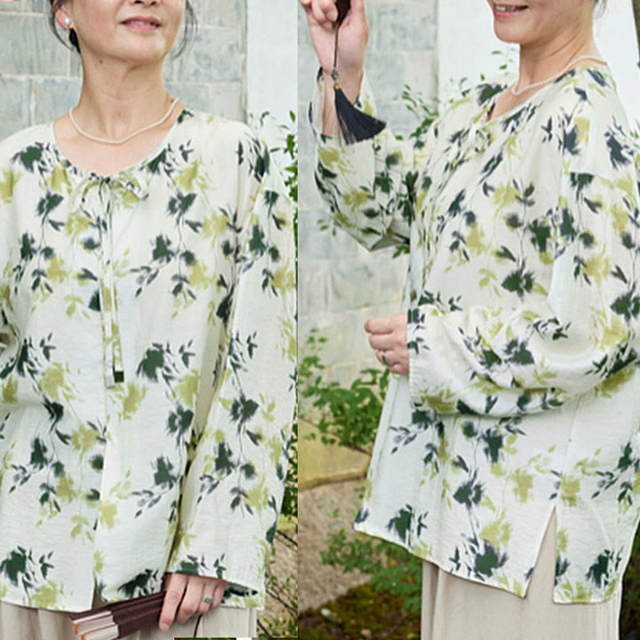 Chemise à manches longues pour femme, motif Buddha Stones, feuilles florales vertes, lacets et boutons, pour personnes âgées - image 12