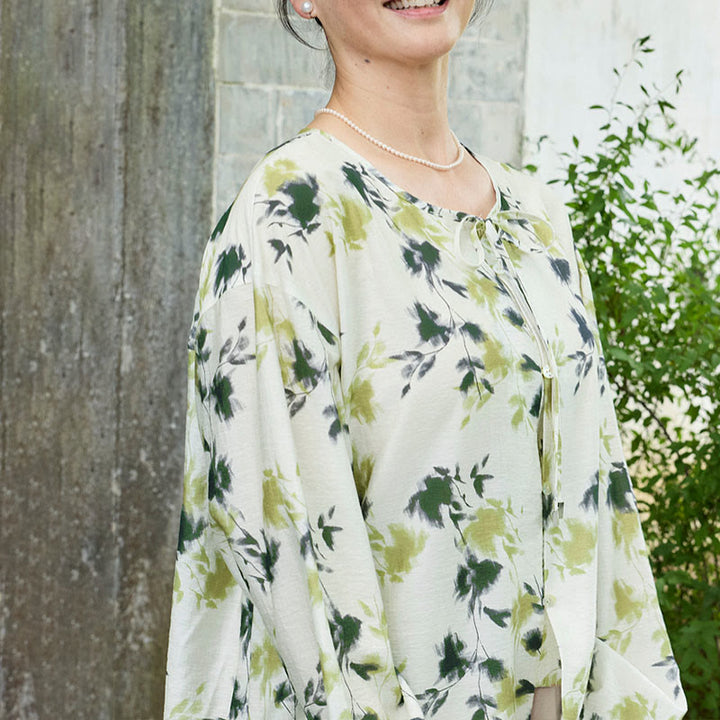 Chemise à manches longues pour femme, motif Buddha Stones, feuilles florales vertes, lacets et boutons, pour personnes âgées - image 18