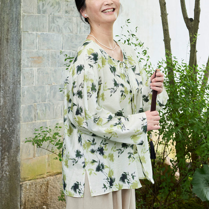Chemise à manches longues pour femme, motif Buddha Stones, feuilles florales vertes, lacets et boutons, pour personnes âgées - image 6