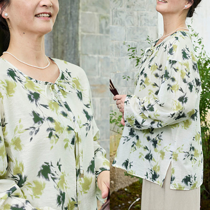 Chemise à manches longues pour femme, motif Buddha Stones, feuilles florales vertes, lacets et boutons, pour personnes âgées - image 11
