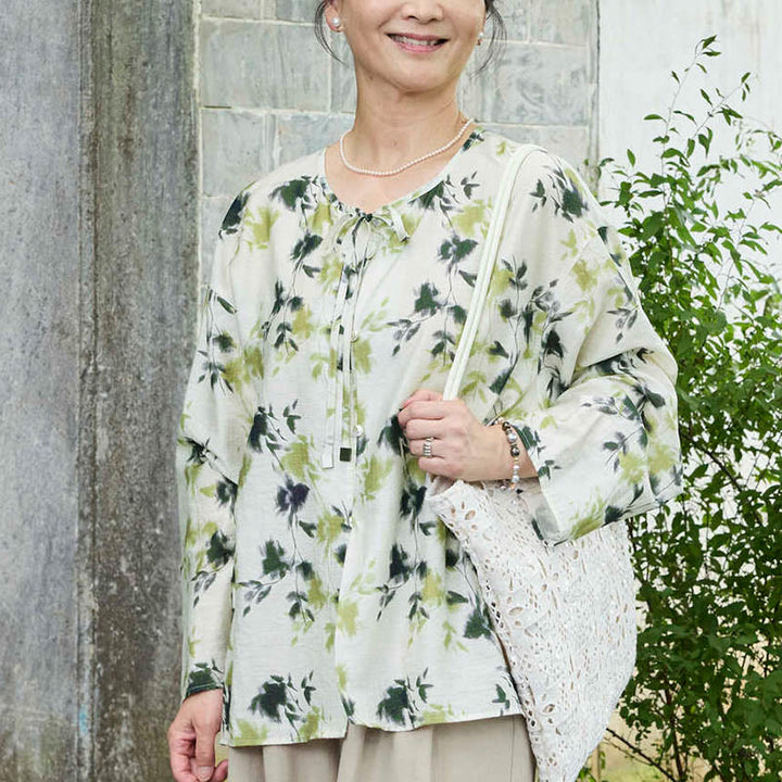 Chemise à manches longues pour femme, motif Buddha Stones, feuilles florales vertes, lacets et boutons, pour personnes âgées - image 9