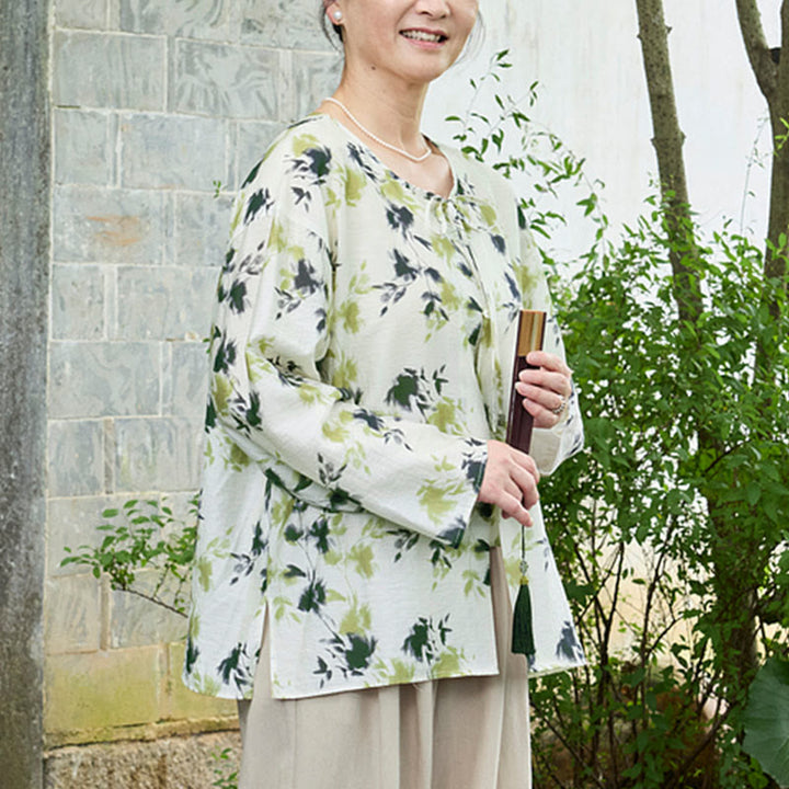 Chemise à manches longues pour femme, motif Buddha Stones, feuilles florales vertes, lacets et boutons, pour personnes âgées - image 7