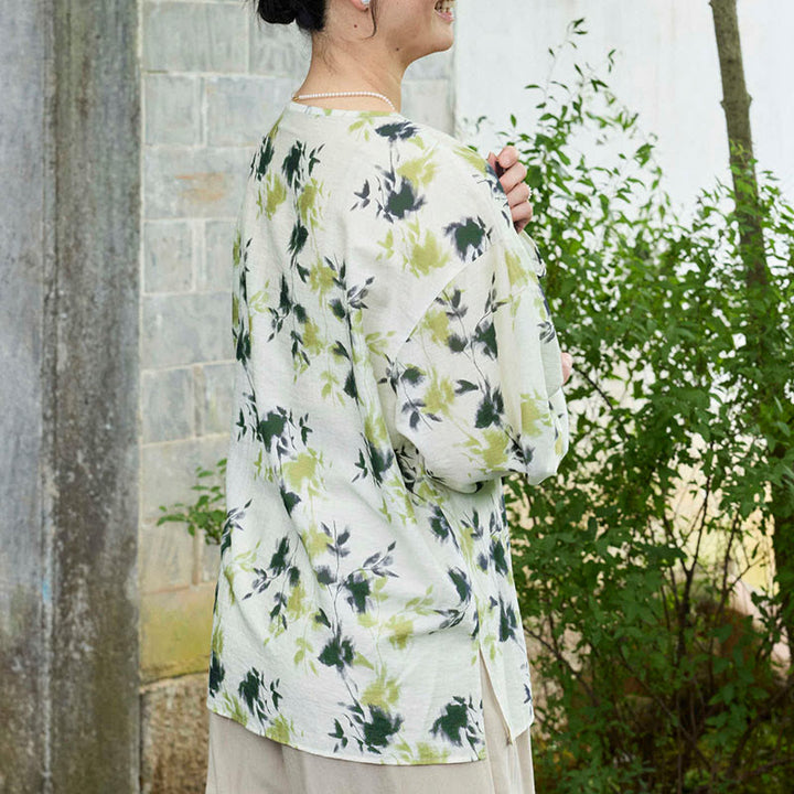 Chemise à manches longues pour femme, motif Buddha Stones, feuilles florales vertes, lacets et boutons, pour personnes âgées - image 3