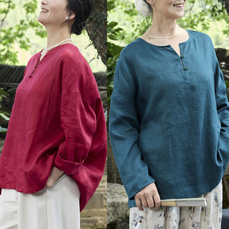 Chemise à manches longues en lin uni avec Buddha Stones pour femme, pour personnes âgées - image 30