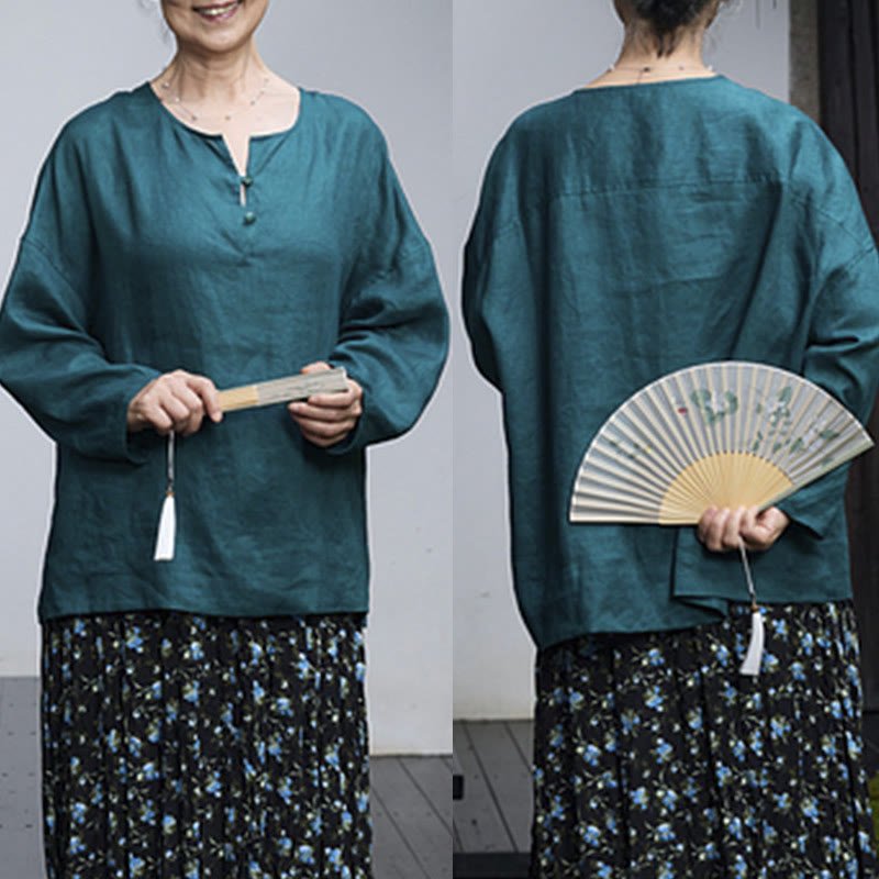 Chemise à manches longues en lin uni avec Buddha Stones pour femme, pour personnes âgées - image 2