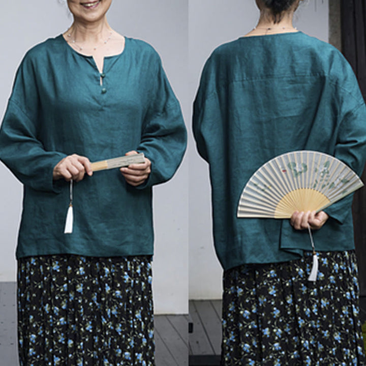 Chemise à manches longues en lin uni avec Buddha Stones pour femme, pour personnes âgées - image 2