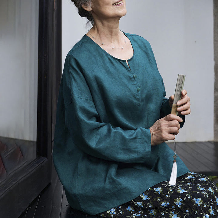 Chemise à manches longues en lin uni avec Buddha Stones pour femme, pour personnes âgées - image 11