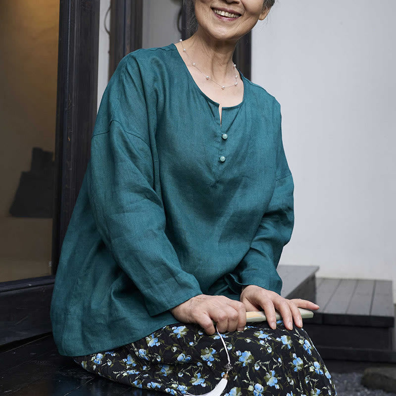 Chemise à manches longues en lin uni avec Buddha Stones pour femme, pour personnes âgées - image 9