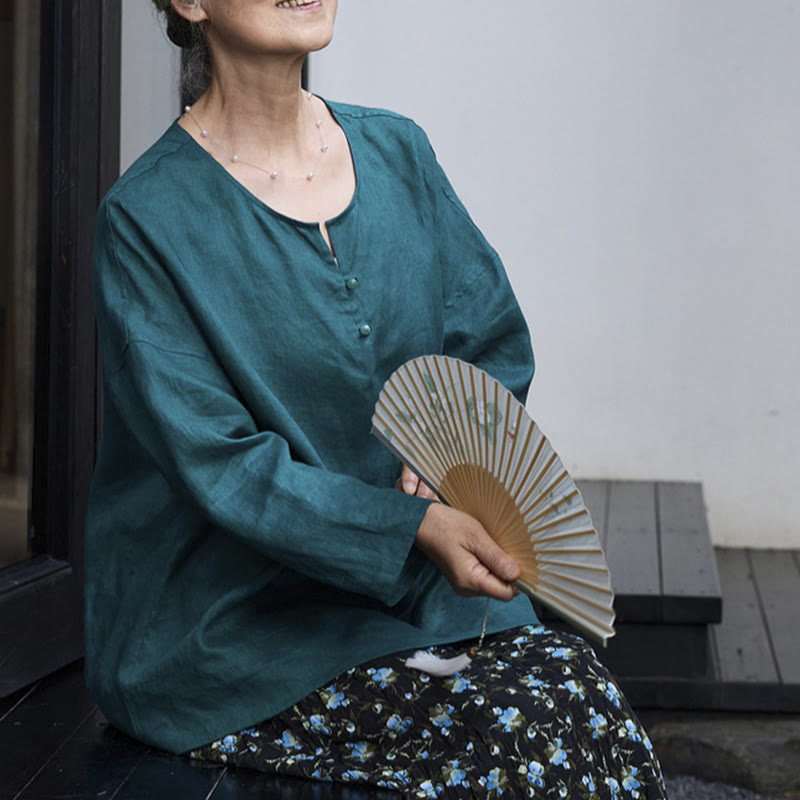 Chemise à manches longues en lin uni avec Buddha Stones pour femme, pour personnes âgées - image 12