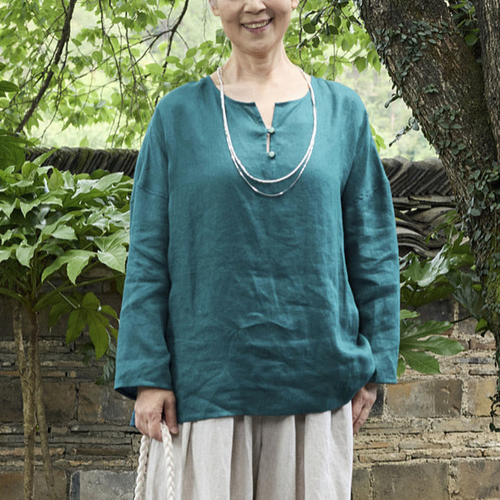 Chemise à manches longues en lin uni avec Buddha Stones pour femme, pour personnes âgées - image 1