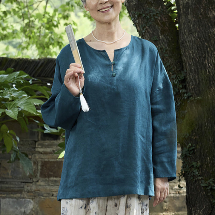 Chemise à manches longues en lin uni avec Buddha Stones pour femme, pour personnes âgées - image 4