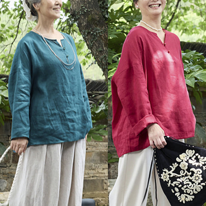 Chemise à manches longues en lin uni avec Buddha Stones pour femme, pour personnes âgées - image 33