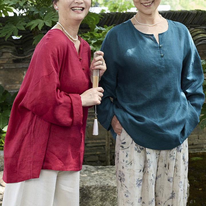 Chemise à manches longues en lin uni avec Buddha Stones pour femme, pour personnes âgées - image 22