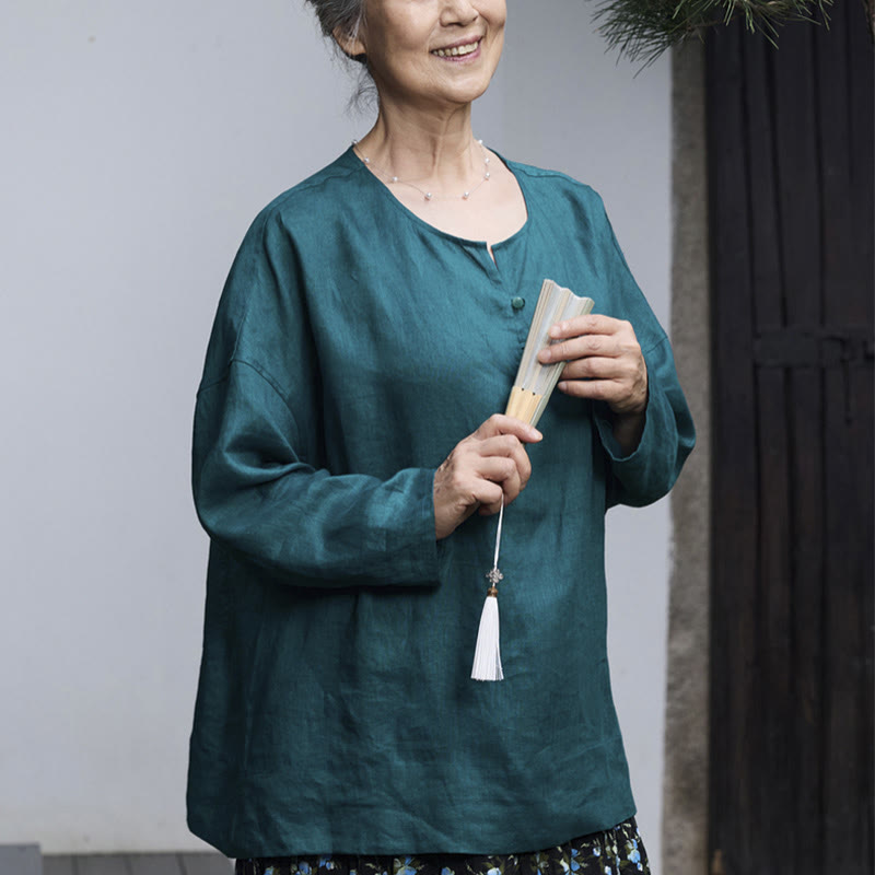 Chemise à manches longues en lin uni avec Buddha Stones pour femme, pour personnes âgées - image 5