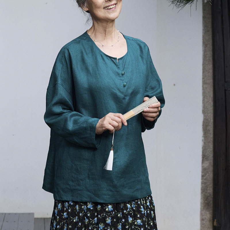 Chemise à manches longues en lin uni avec Buddha Stones pour femme, pour personnes âgées - image 7